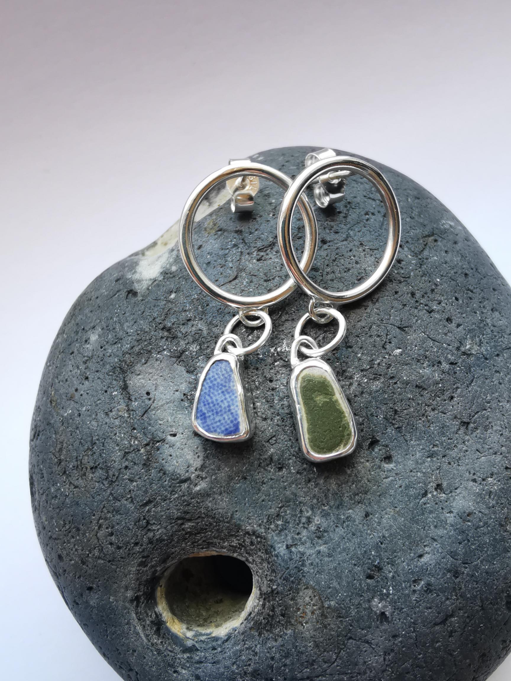 Recycled Sterling Silver Circle Studs with Sea Pottery Dangles - Not Lost Jewellery