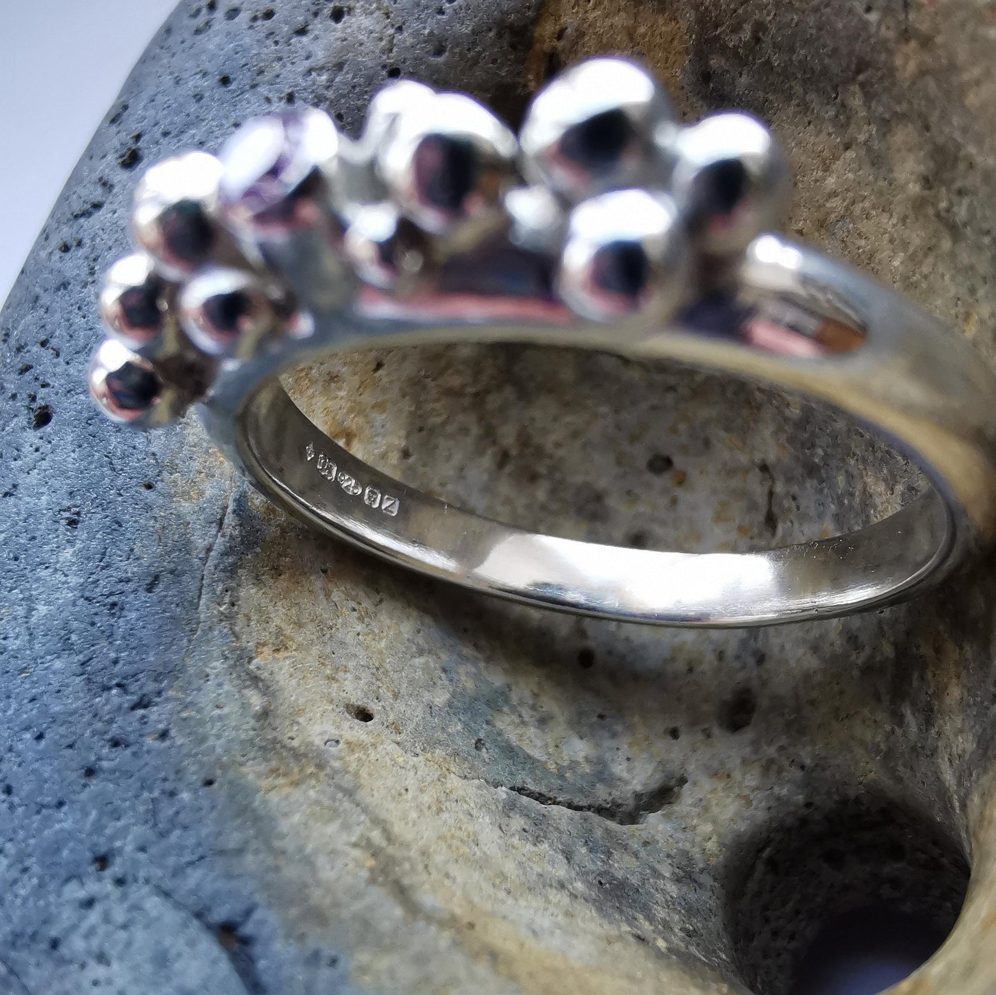 Recycled Sterling Silver Granulation Cluster Ring with Pink Cubic Zirconia Size R 1/2 - Not Lost Jewellery
