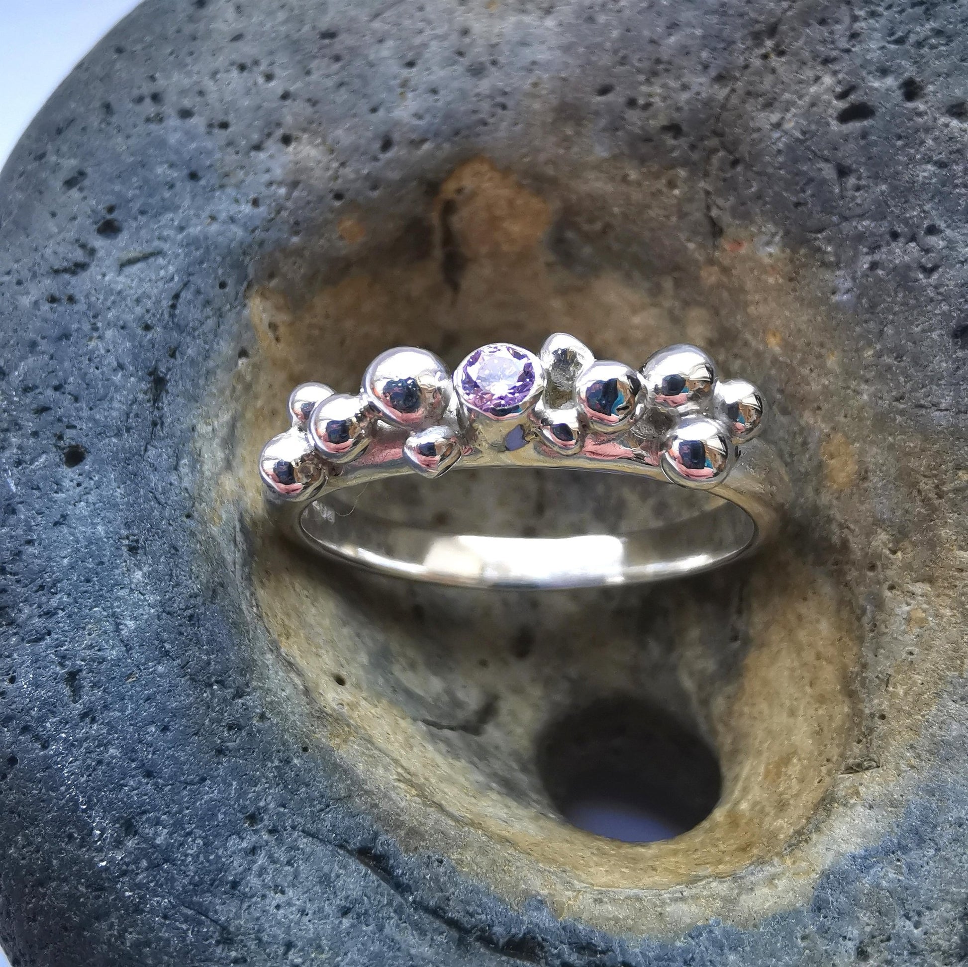 Recycled Sterling Silver Granulation Cluster Ring with Pink Cubic Zirconia Size R 1/2 - Not Lost Jewellery