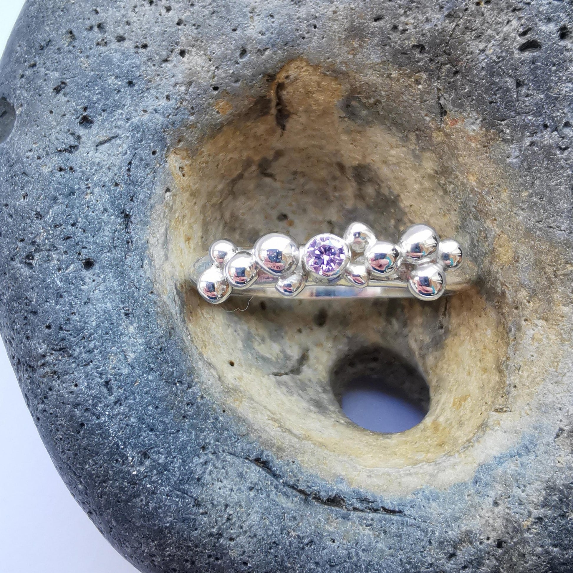 Recycled Sterling Silver Granulation Cluster Ring with Pink Cubic Zirconia Size R 1/2 - Not Lost Jewellery