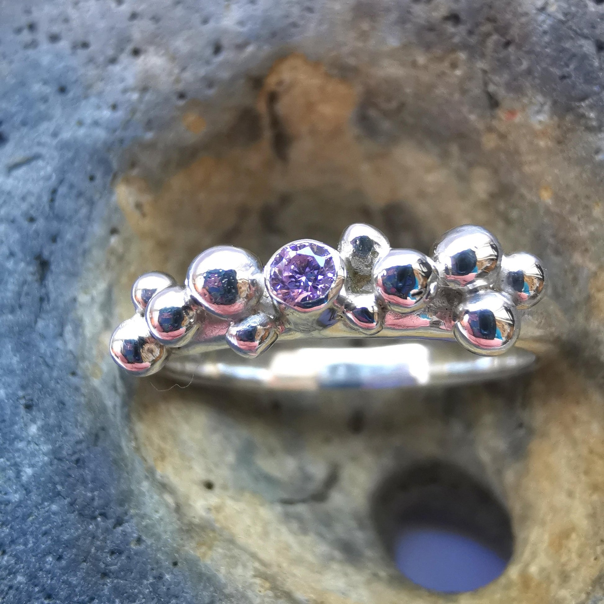 Recycled Sterling Silver Granulation Cluster Ring with Pink Cubic Zirconia Size R 1/2 - Not Lost Jewellery
