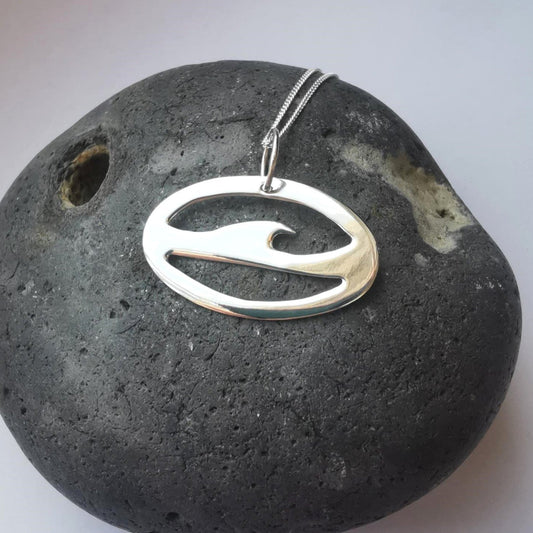 Recycled Sterling Silver Retro Surf Sea Wave Ocean Pendant Necklace - Not Lost Jewellery