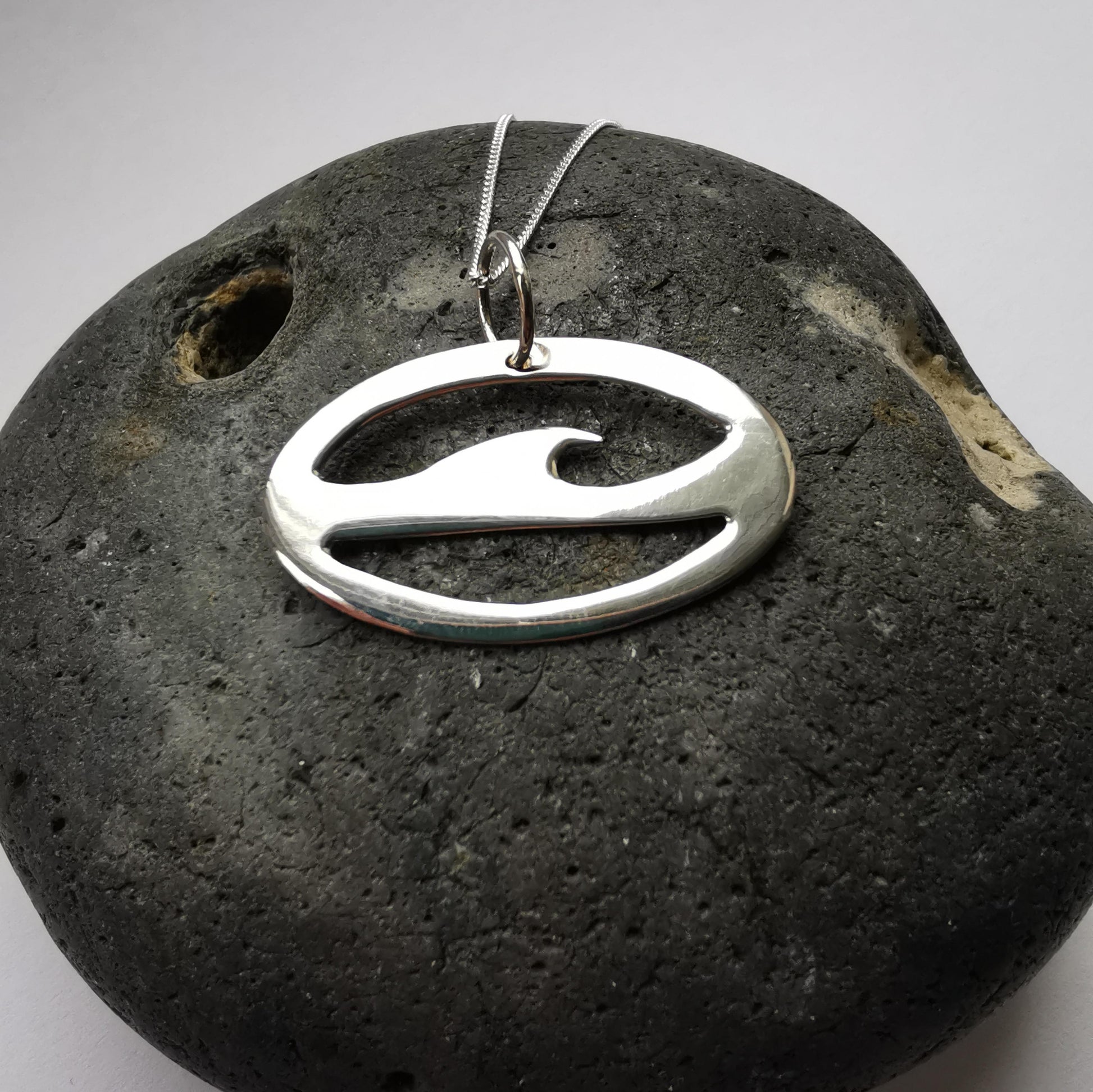 Recycled Sterling Silver Retro Surf Sea Wave Ocean Pendant Necklace - Not Lost Jewellery