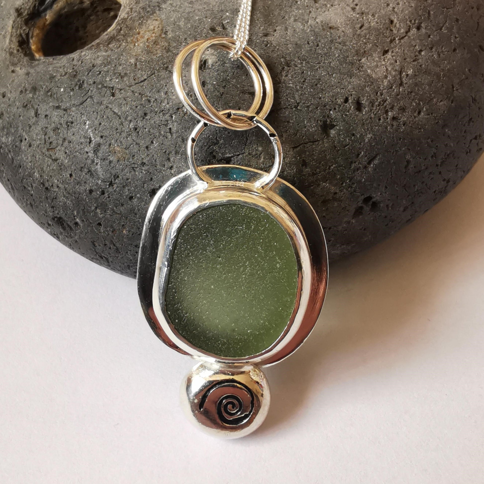 Recycled Sterling Silver Sage Seaglass Pendant Necklace with Silver Pebble Detail - Not Lost Jewellery