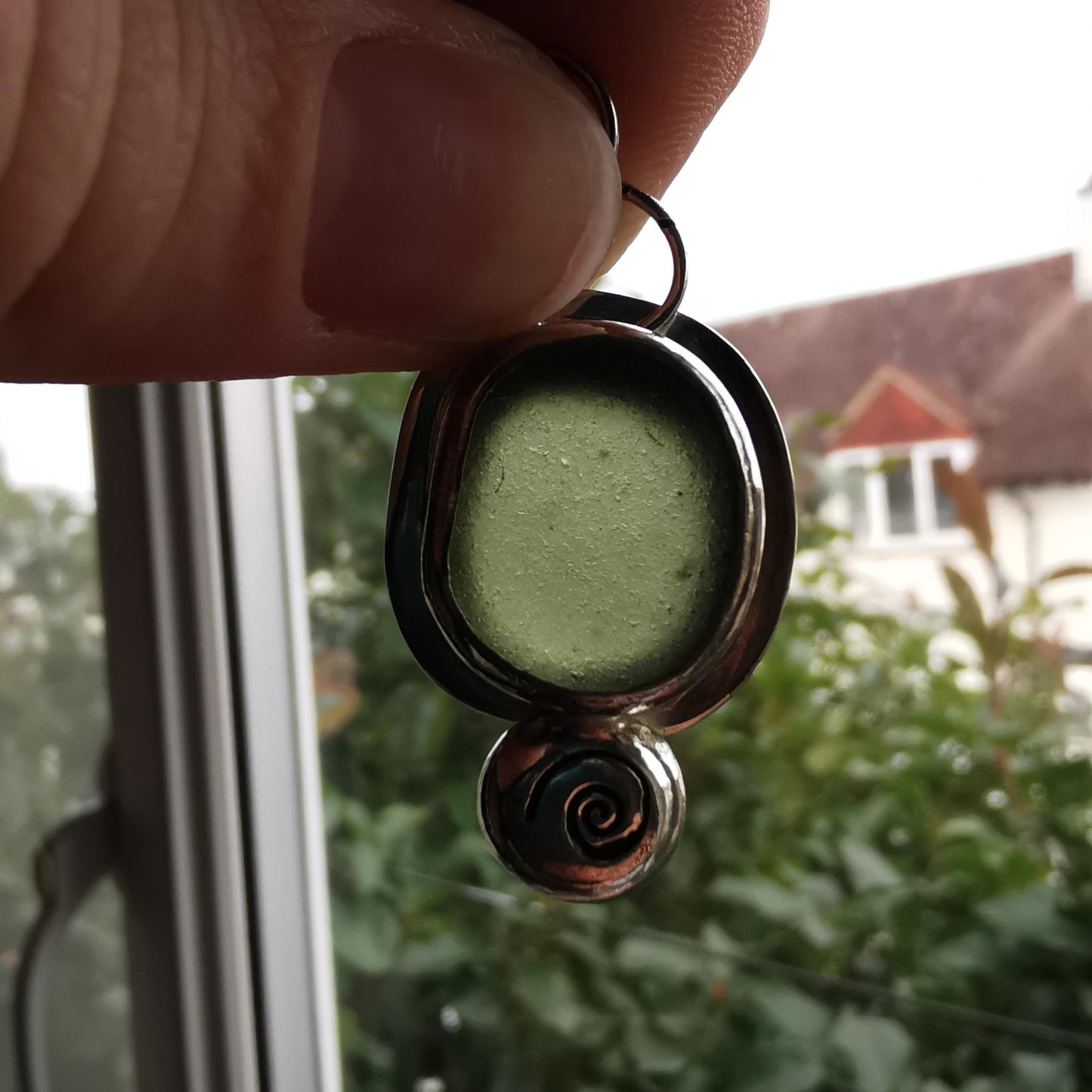Recycled Sterling Silver Sage Seaglass Pendant Necklace with Silver Pebble Detail - Not Lost Jewellery