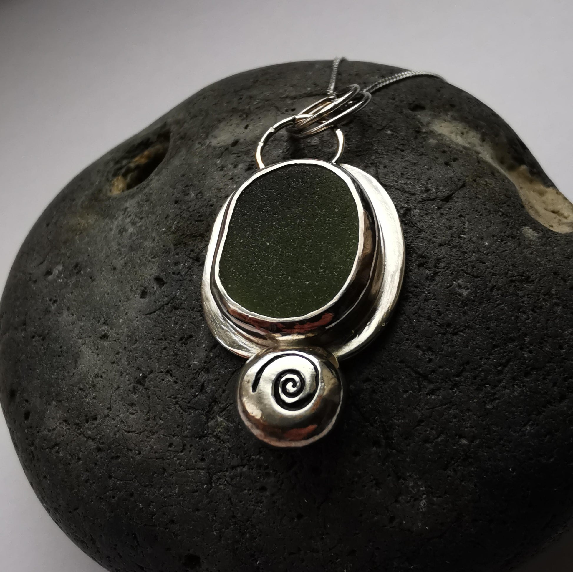 Recycled Sterling Silver Sage Seaglass Pendant Necklace with Silver Pebble Detail - Not Lost Jewellery