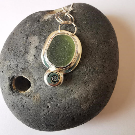 Recycled Sterling Silver Sage Seaglass Pendant Necklace with Silver Pebble Detail - Not Lost Jewellery