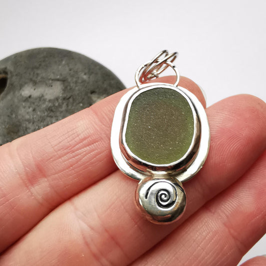Recycled Sterling Silver Sage Seaglass Pendant Necklace with Silver Pebble Detail - Not Lost Jewellery
