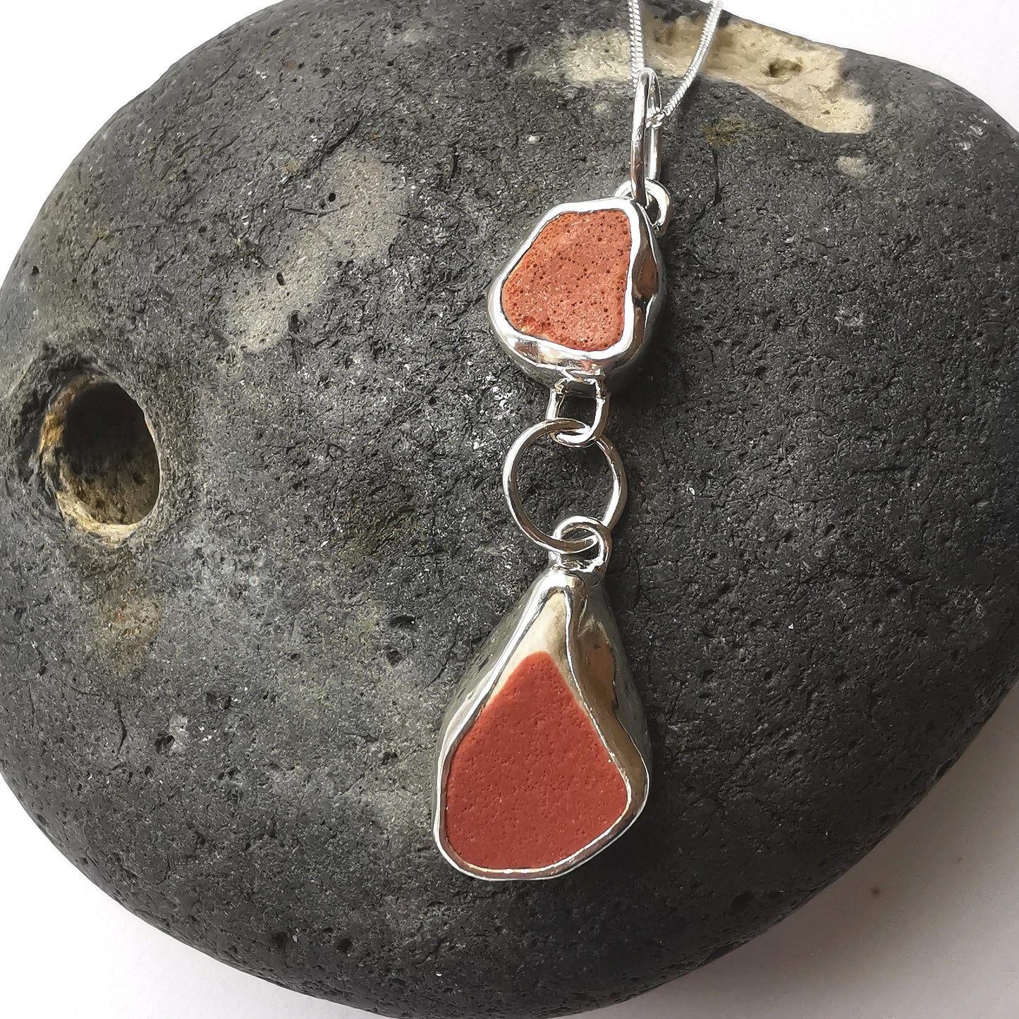 Red Sea Pottery Two Tier Recycled Silver Pendant Necklace - Not Lost Jewellery