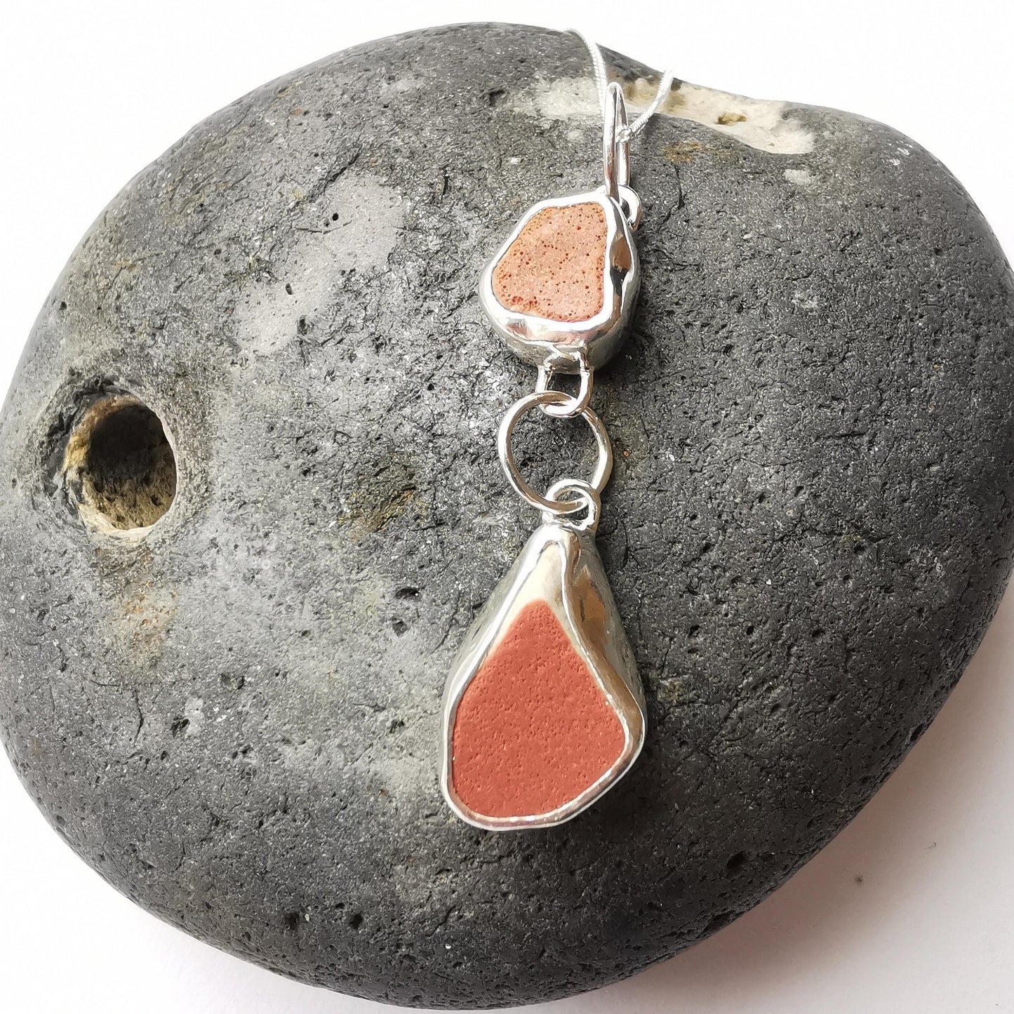 Red Sea Pottery Two Tier Recycled Silver Pendant Necklace - Not Lost Jewellery