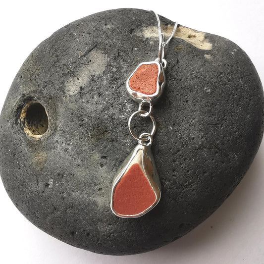 Red Sea Pottery Two Tier Recycled Silver Pendant Necklace - Not Lost Jewellery