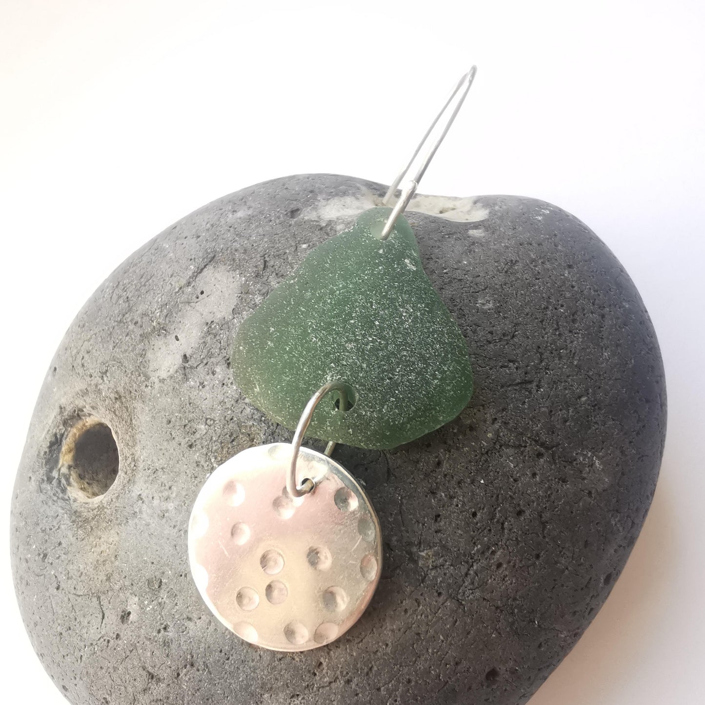 Statement Earrings with Dark Forest Green Seaglass and Recycled Sterling Silver - Not Lost Jewellery
