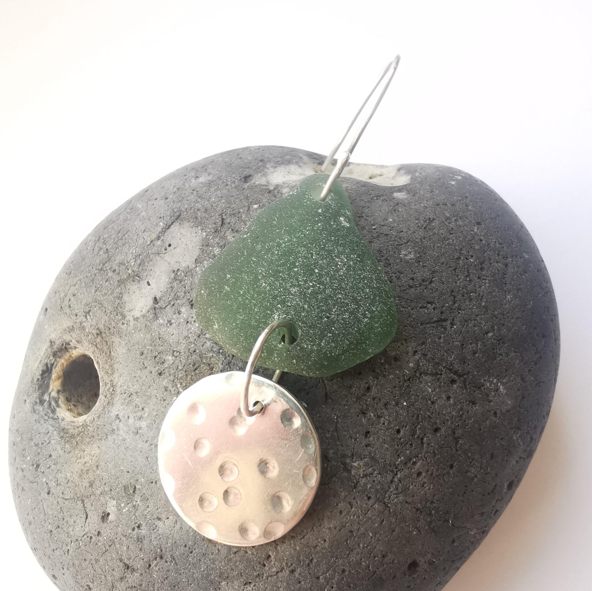 Statement Earrings with Dark Forest Green Seaglass and Recycled Sterling Silver - Not Lost Jewellery