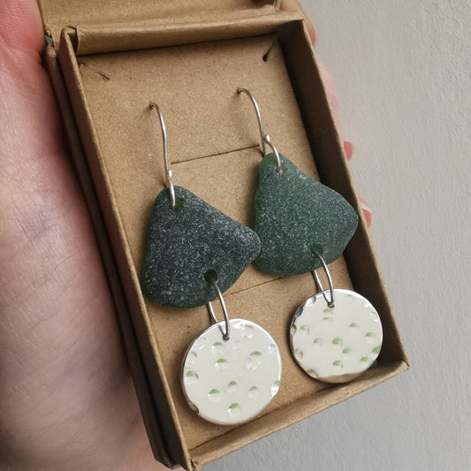 Statement Earrings with Dark Forest Green Seaglass and Recycled Sterling Silver - Not Lost Jewellery