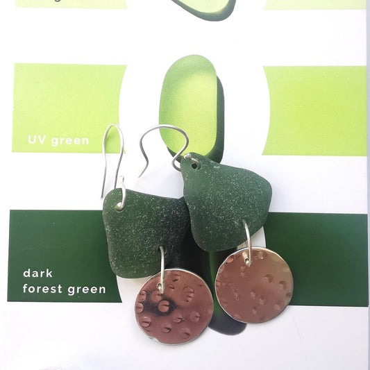 Statement Earrings with Dark Forest Green Seaglass and Recycled Sterling Silver - Not Lost Jewellery