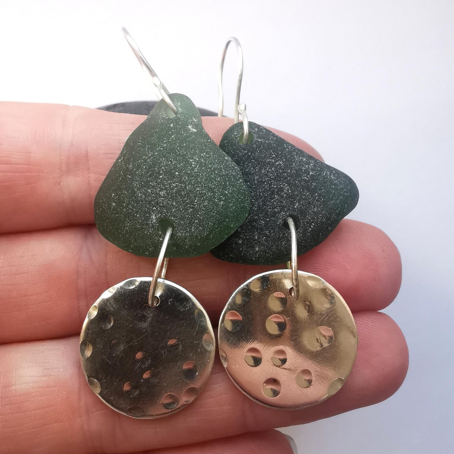 Statement Earrings with Dark Forest Green Seaglass and Recycled Sterling Silver - Not Lost Jewellery