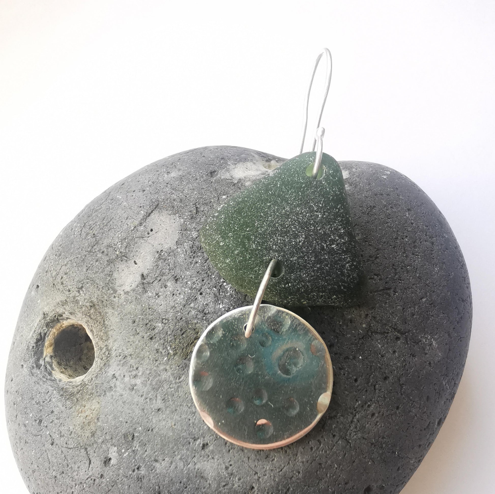 Statement Earrings with Dark Forest Green Seaglass and Recycled Sterling Silver - Not Lost Jewellery