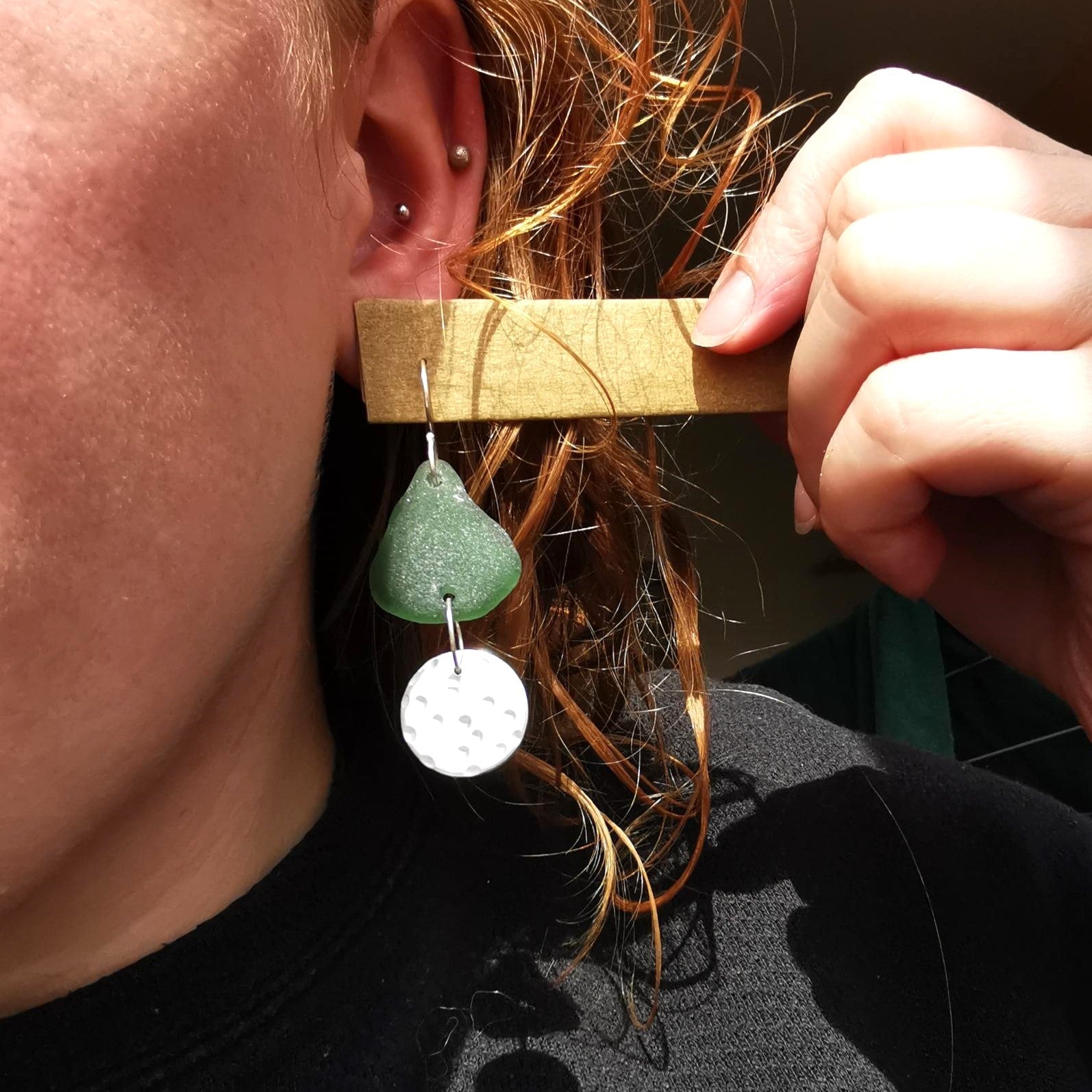 Statement Earrings with Dark Forest Green Seaglass and Recycled Sterling Silver - Not Lost Jewellery