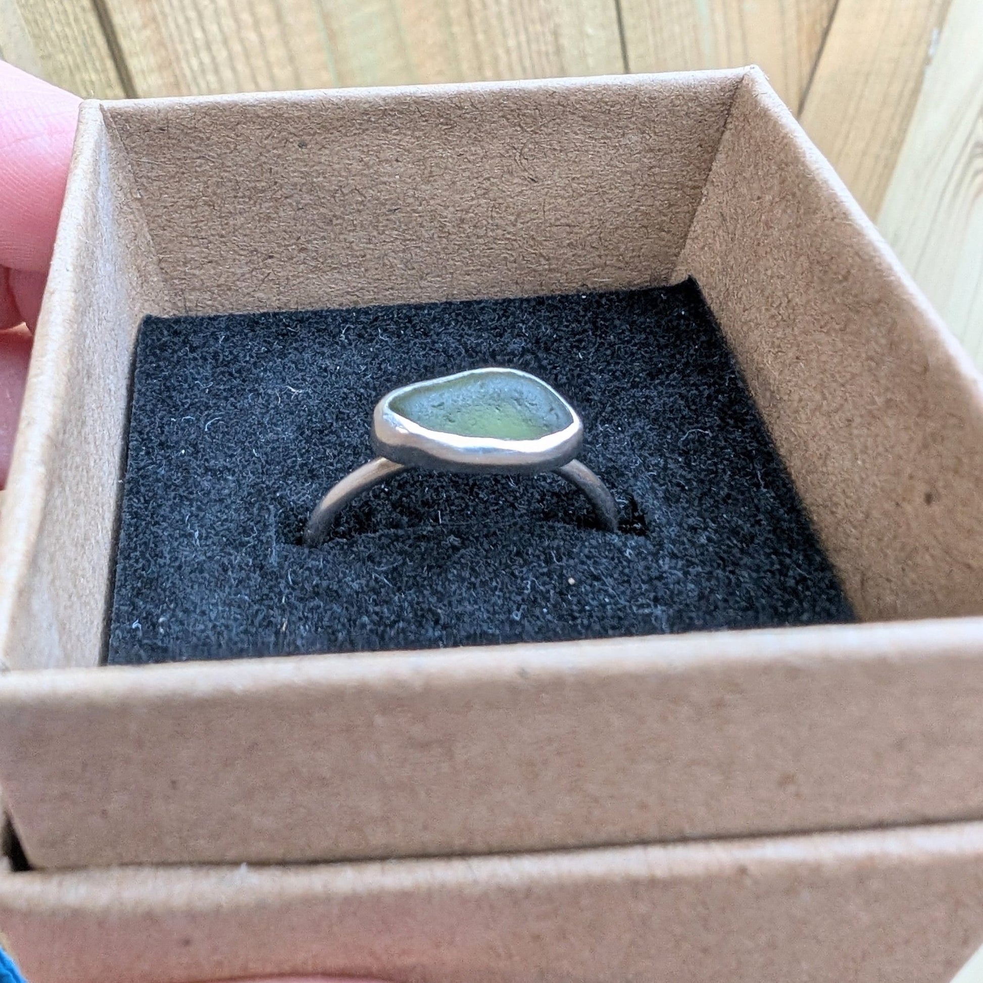 Bright Light Olive Green Seaglass Recycled Silver Ring - Not Lost Jewellery