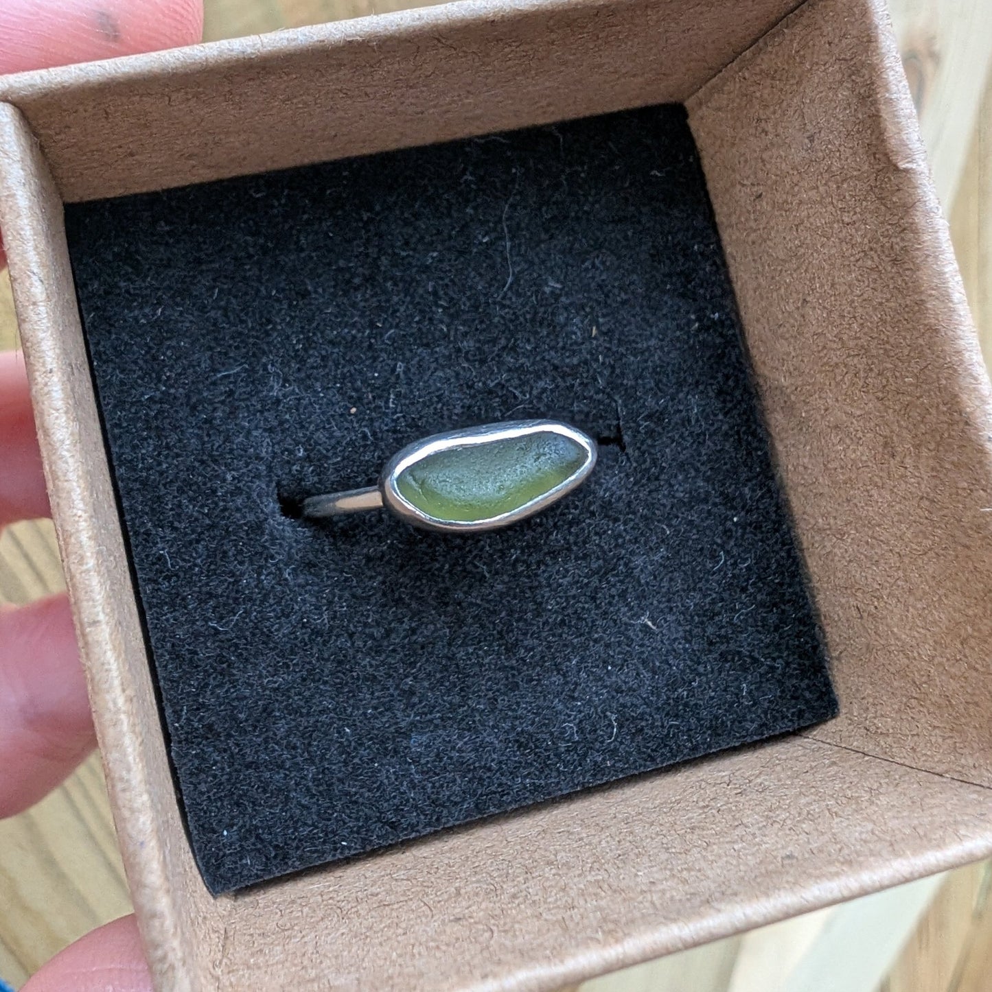 Bright Light Olive Green Seaglass Recycled Silver Ring - Not Lost Jewellery