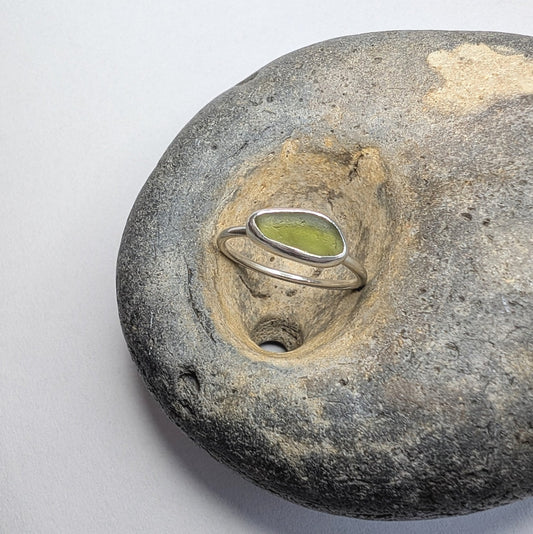 Bright Light Olive Green Seaglass Recycled Silver Ring - Not Lost Jewellery