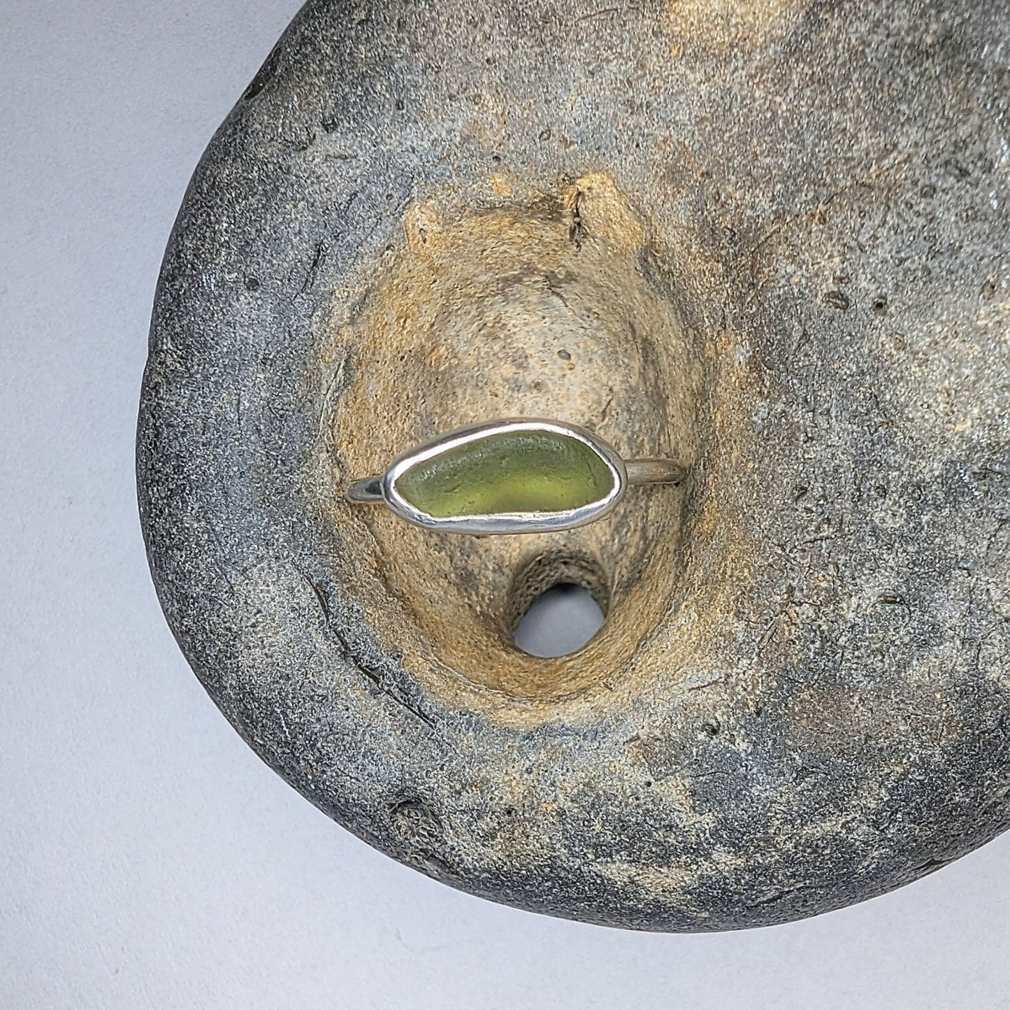 Bright Light Olive Green Seaglass Recycled Silver Ring - Not Lost Jewellery