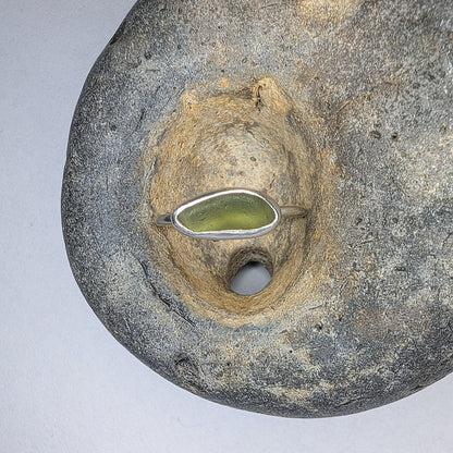 Bright Light Olive Green Seaglass Recycled Silver Ring - Not Lost Jewellery