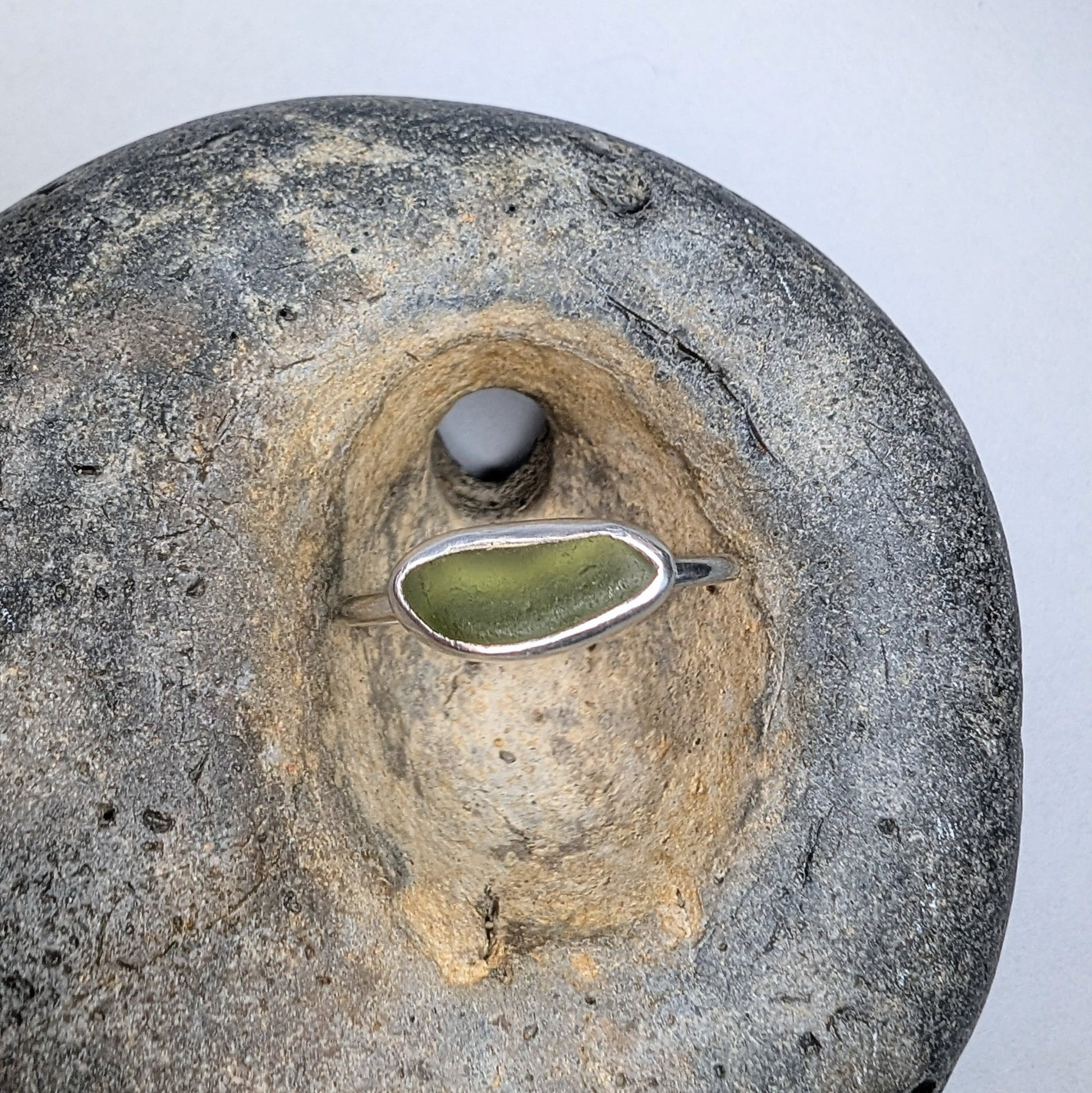 Bright Light Olive Green Seaglass Recycled Silver Ring - Not Lost Jewellery