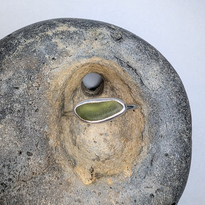 Bright Light Olive Green Seaglass Recycled Silver Ring - Not Lost Jewellery