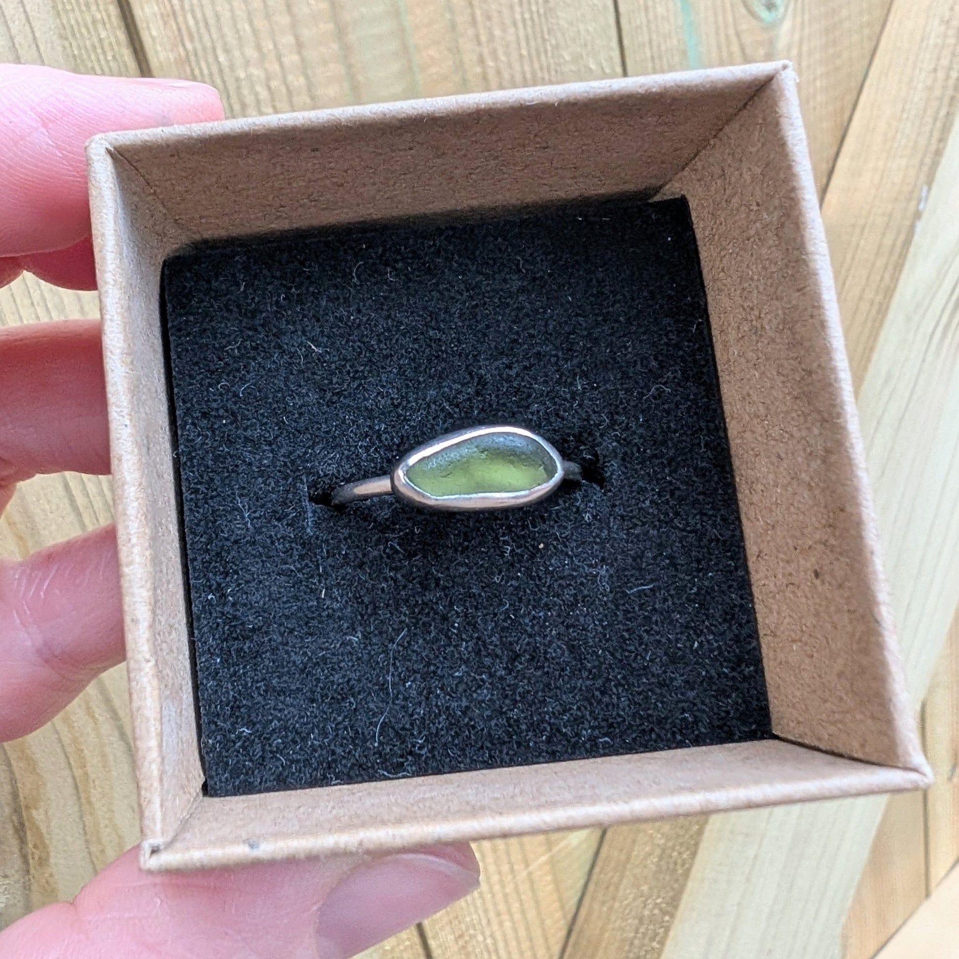 Bright Light Olive Green Seaglass Recycled Silver Ring - Not Lost Jewellery
