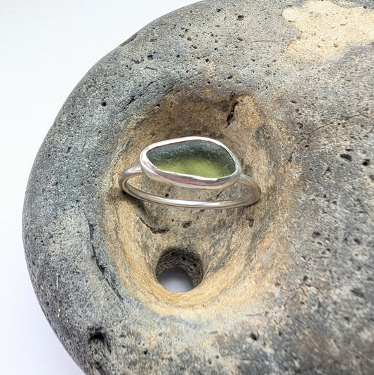 Bright Light Olive Green Seaglass Recycled Silver Ring - Not Lost Jewellery