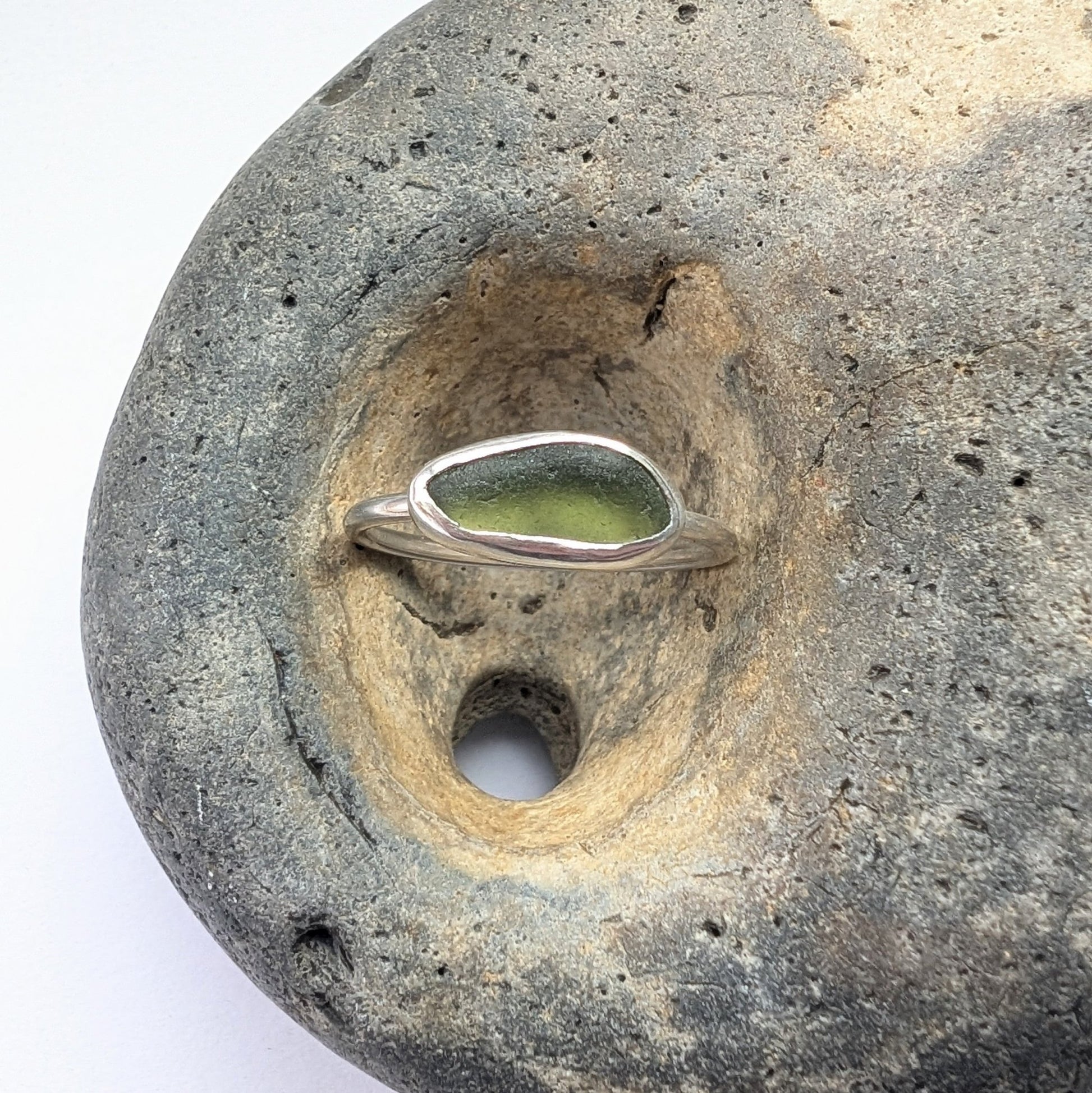 Bright Light Olive Green Seaglass Recycled Silver Ring - Not Lost Jewellery