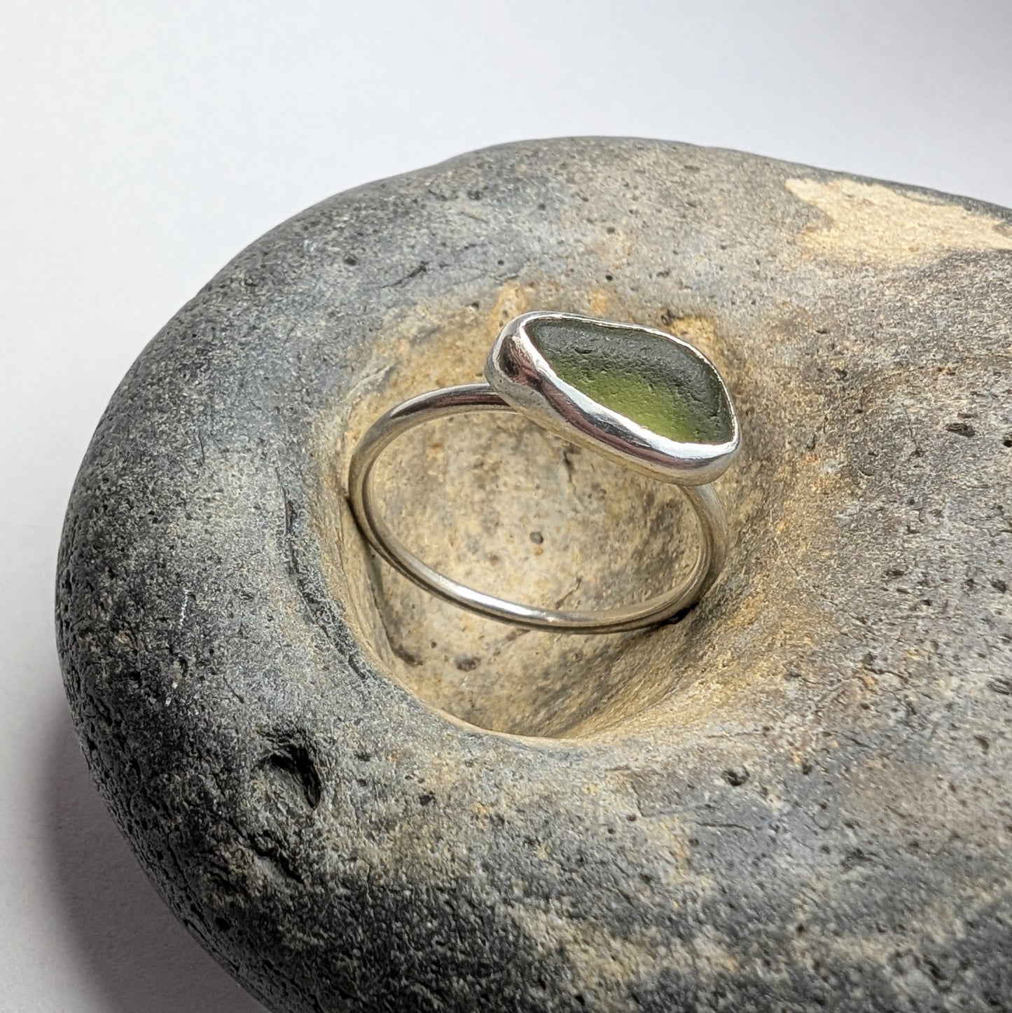 Bright Light Olive Green Seaglass Recycled Silver Ring - Not Lost Jewellery