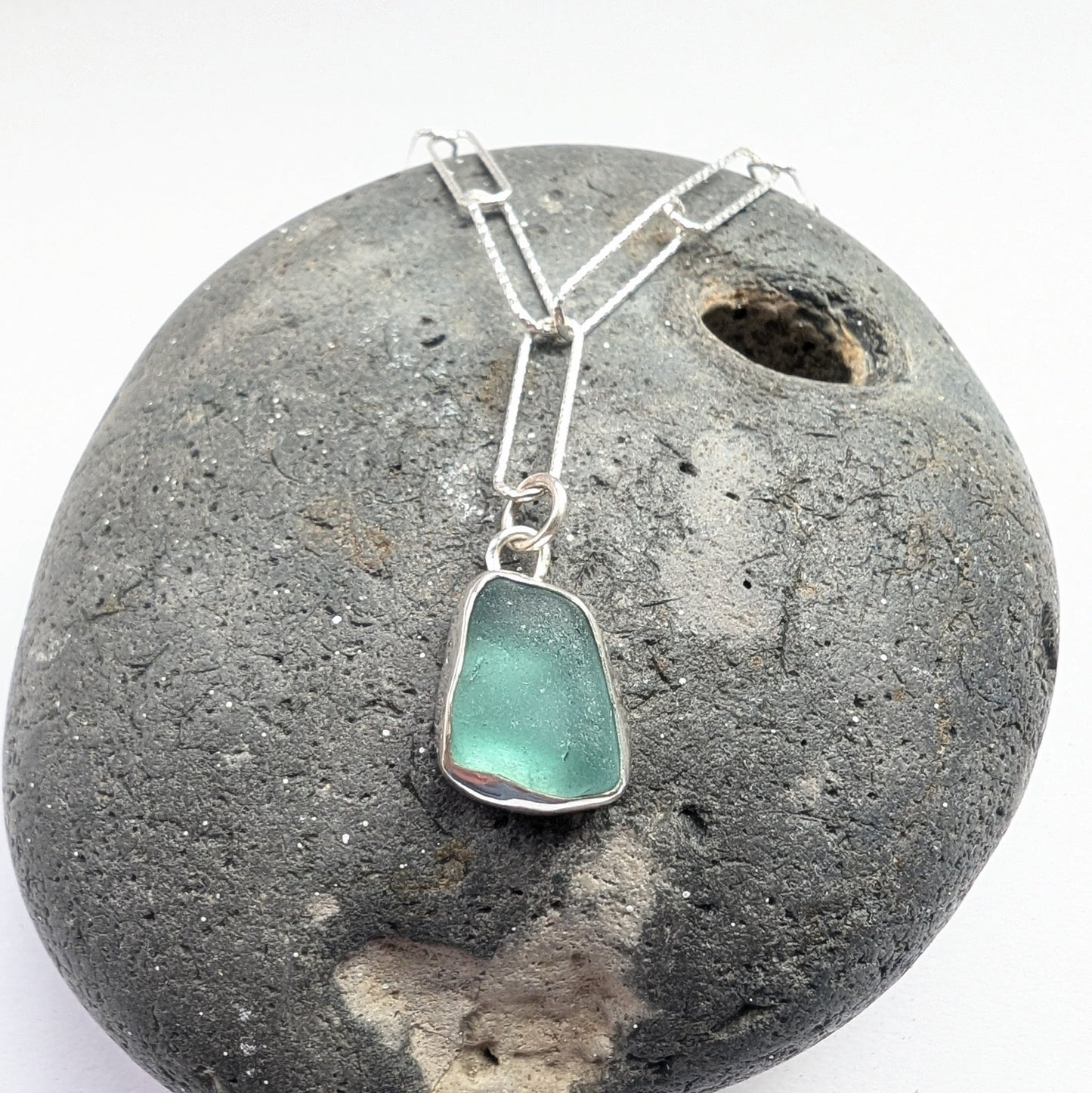Bright Turquoise Seaglass Pendant on Glitter Texture Paperclip Chain - Not Lost Jewellery