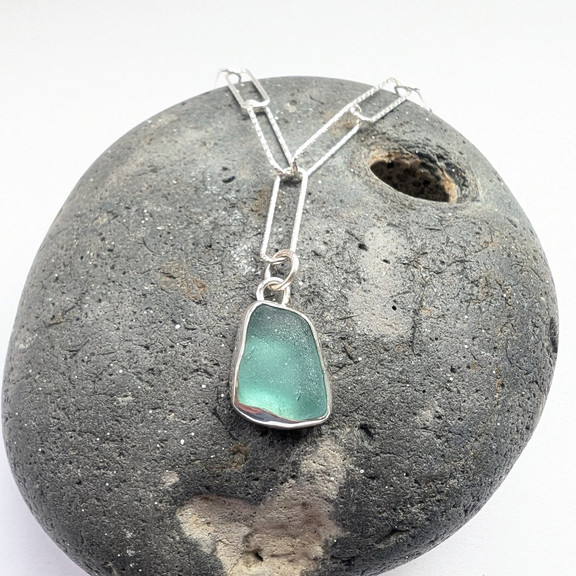 Bright Turquoise Seaglass Pendant on Glitter Texture Paperclip Chain - Not Lost Jewellery