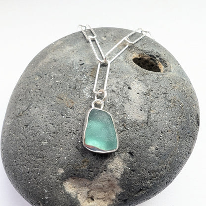 Bright Turquoise Seaglass Pendant on Glitter Texture Paperclip Chain - Not Lost Jewellery