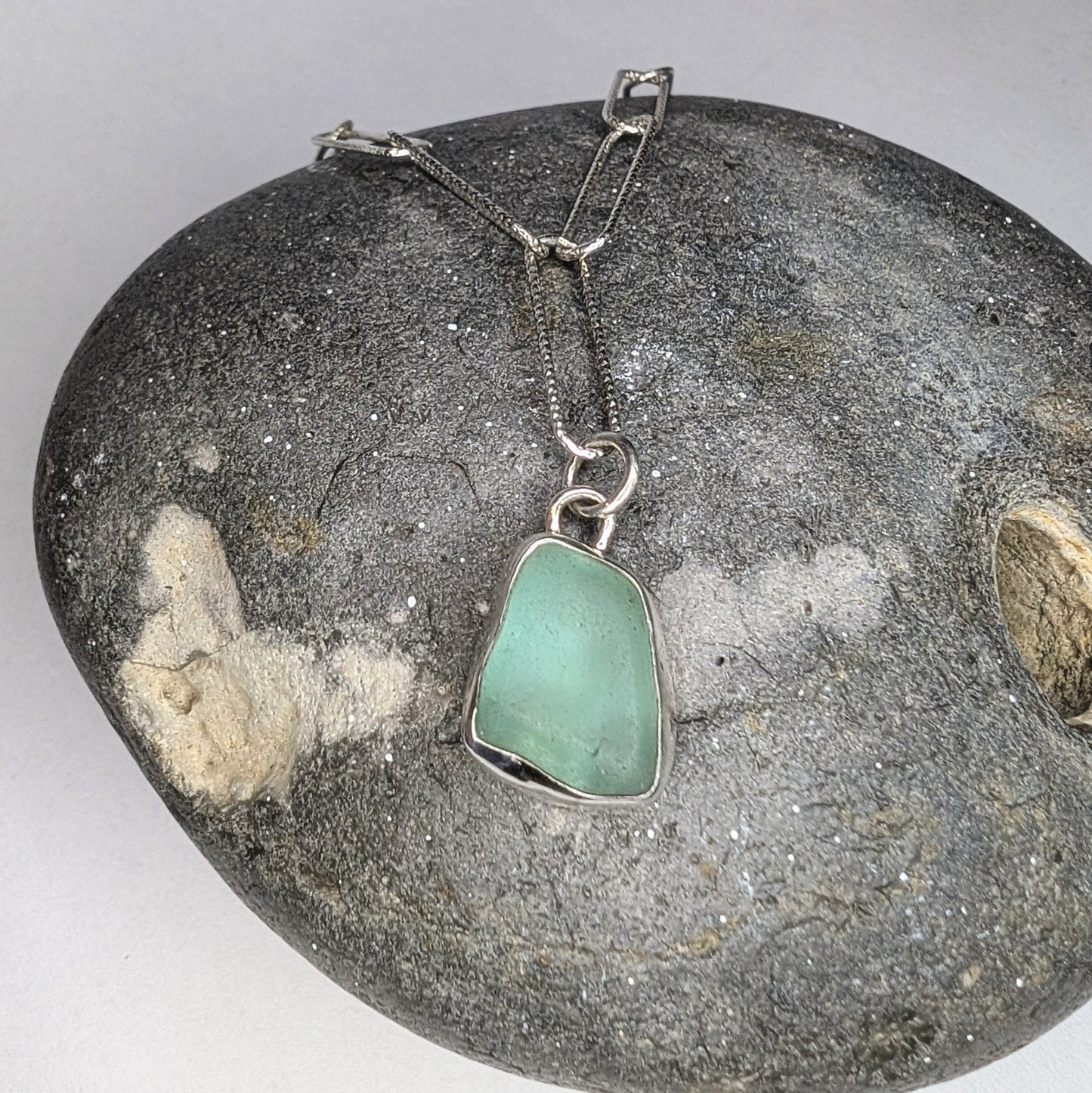 Bright Turquoise Seaglass Pendant on Glitter Texture Paperclip Chain - Not Lost Jewellery