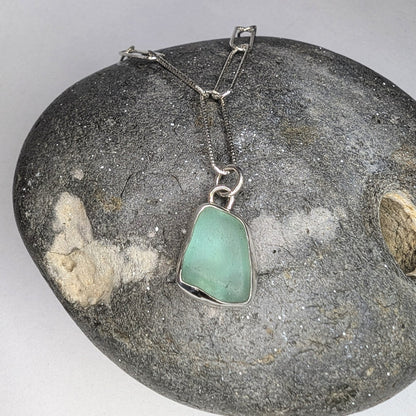 Bright Turquoise Seaglass Pendant on Glitter Texture Paperclip Chain - Not Lost Jewellery