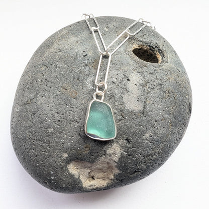 Bright Turquoise Seaglass Pendant on Glitter Texture Paperclip Chain - Not Lost Jewellery