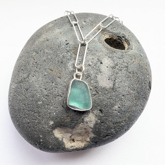 Bright Turquoise Seaglass Pendant on Glitter Texture Paperclip Chain - Not Lost Jewellery
