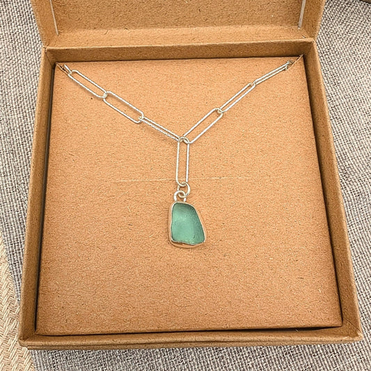 Bright Turquoise Seaglass Pendant on Glitter Texture Paperclip Chain - Not Lost Jewellery