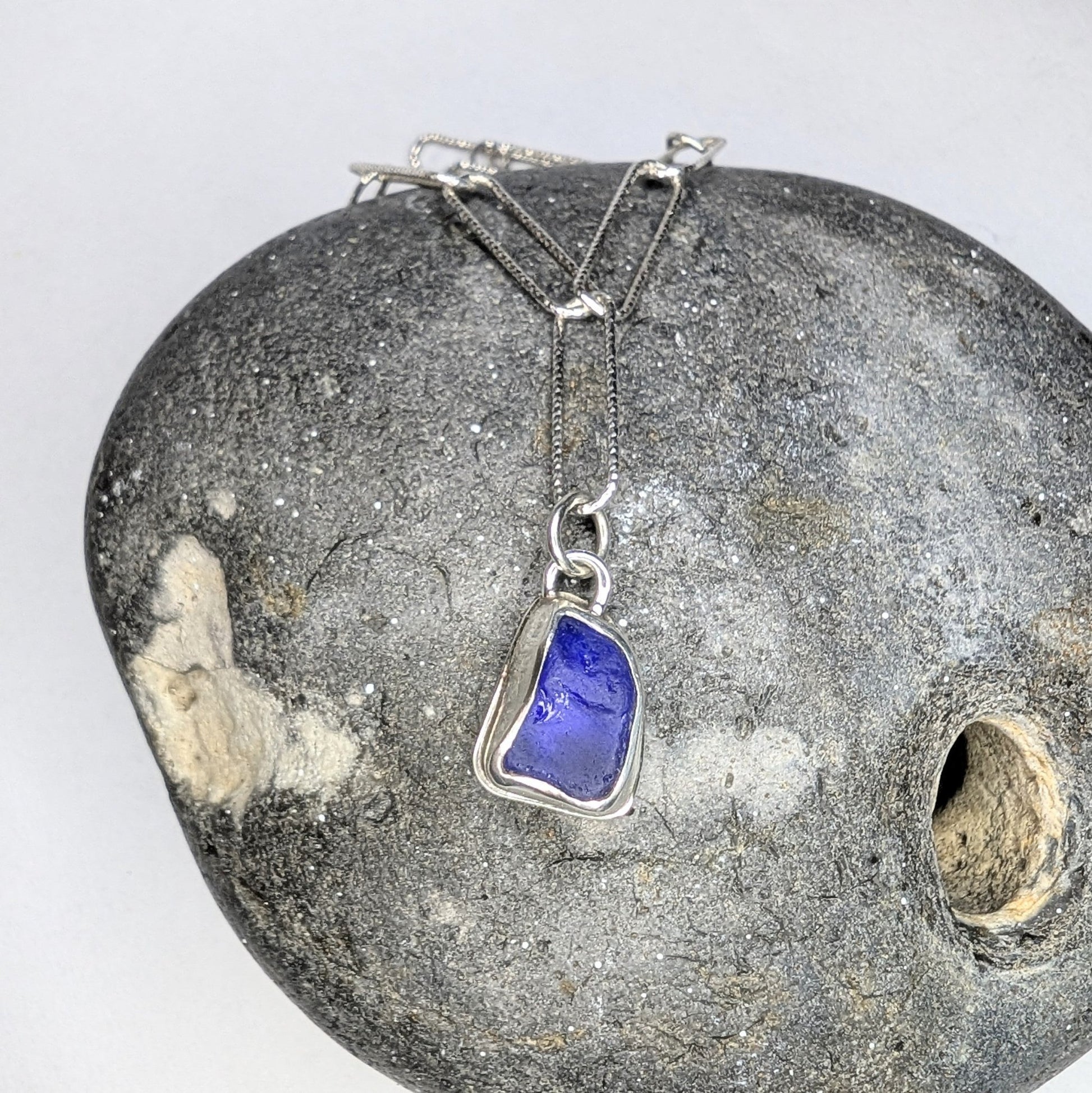 Deep Cobalt Seaglass Pendant on Glitter Texture Paperclip Chain - Not Lost Jewellery