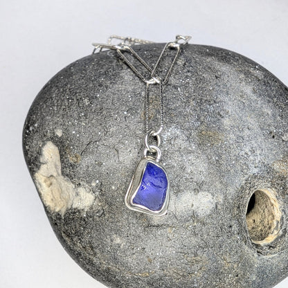 Deep Cobalt Seaglass Pendant on Glitter Texture Paperclip Chain - Not Lost Jewellery