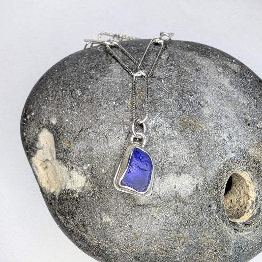 Deep Cobalt Seaglass Pendant on Glitter Texture Paperclip Chain - Not Lost Jewellery