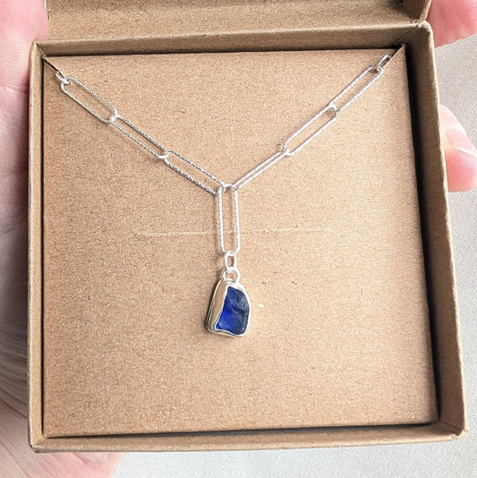 Deep Cobalt Seaglass Pendant on Glitter Texture Paperclip Chain - Not Lost Jewellery