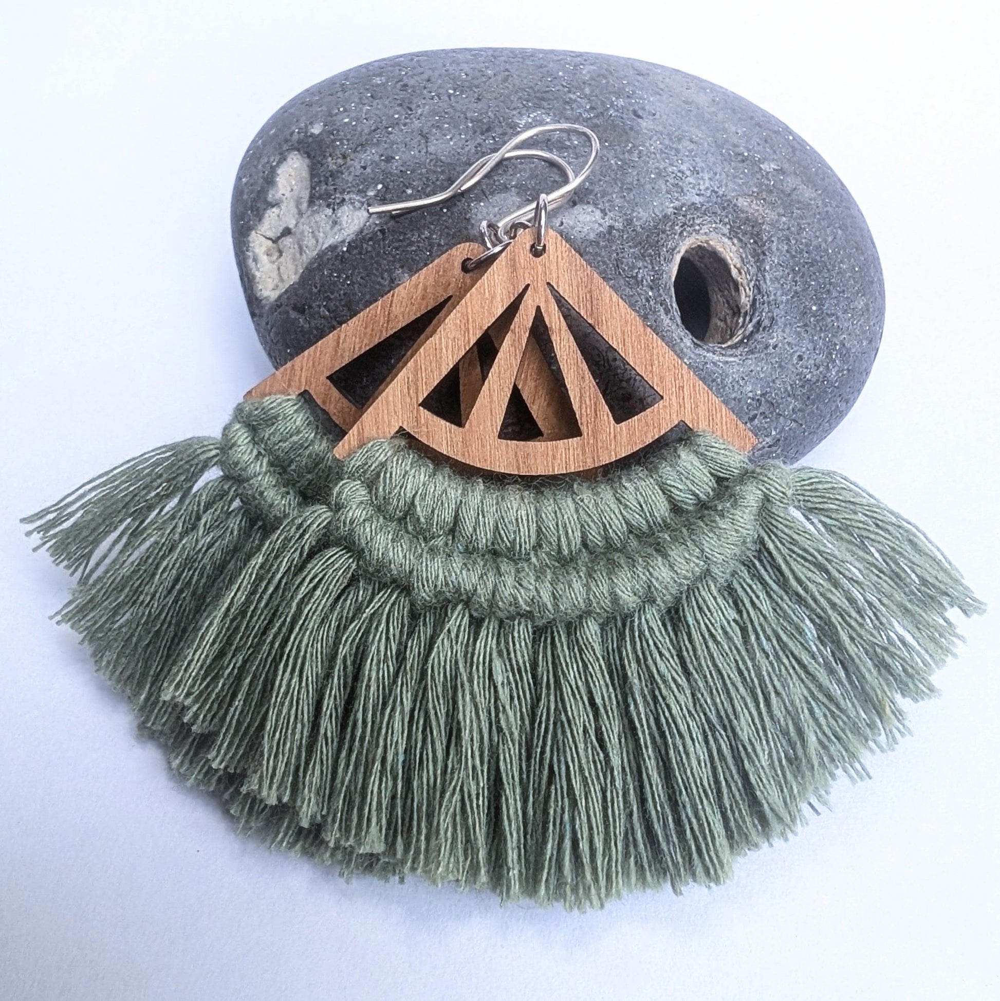 Fan Cotton Macrame & Recycled Sterling Silver Dangle Earrings - Not Lost Jewellery