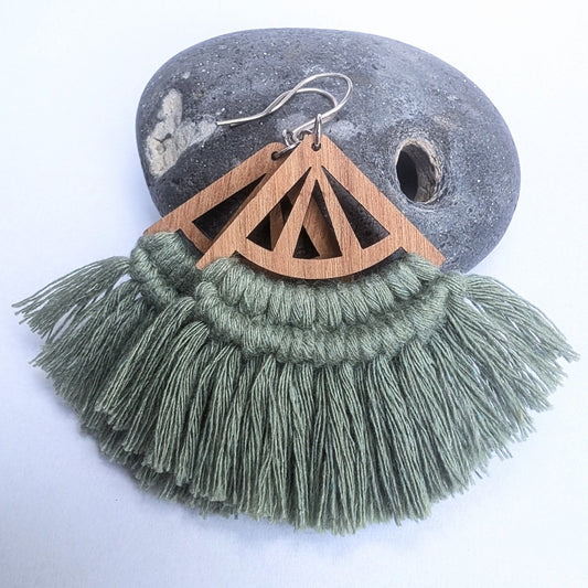 Fan Cotton Macrame & Recycled Sterling Silver Dangle Earrings - Not Lost Jewellery