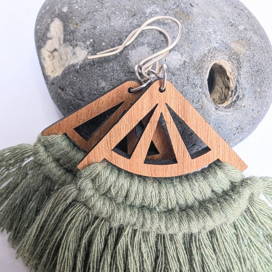 Fan Cotton Macrame & Recycled Sterling Silver Dangle Earrings - Not Lost Jewellery
