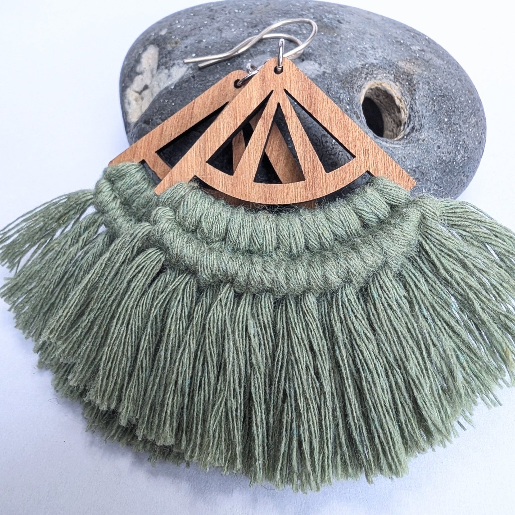 Fan Cotton Macrame & Recycled Sterling Silver Dangle Earrings - Not Lost Jewellery