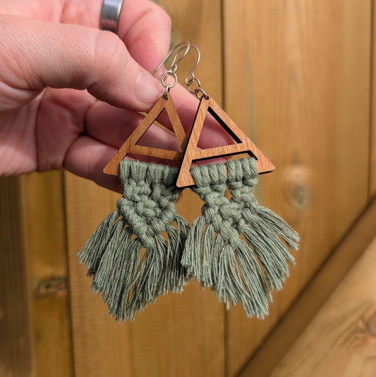 Green Macrame Pennant & Recycled Sterling Silver Dangle Earrings - Not Lost Jewellery